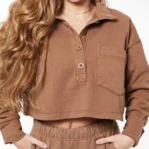 Good American Cropped Fleece Polo Sweater Shirt